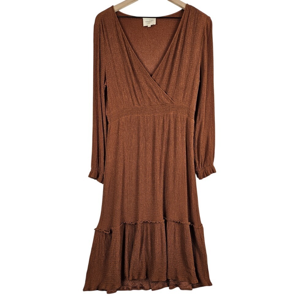 Sezane Titania Rust Brown Long Sleeve Wrap Midi Dress